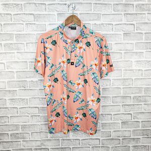 Bad Birdie Men's Short Sleeve Golf Polo Shirt Peach Paradise Floral Print sz S